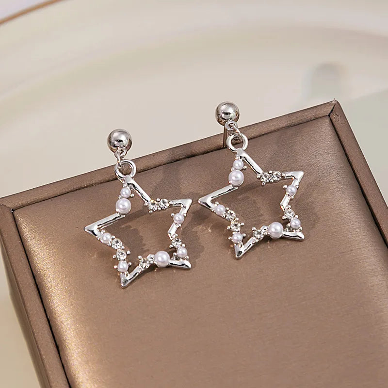 Korean Fashion Pearl Crystal Star Drop Earrings for Women Geometric Pendants Jewelry Gift