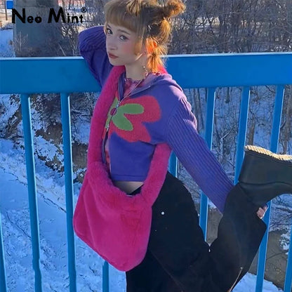 Bolso bandolera de felpa rosa caramelo para mujer, estilo Harajuku de invierno, estilo años 2000, estilo urbano, de piel sintética de conejo.