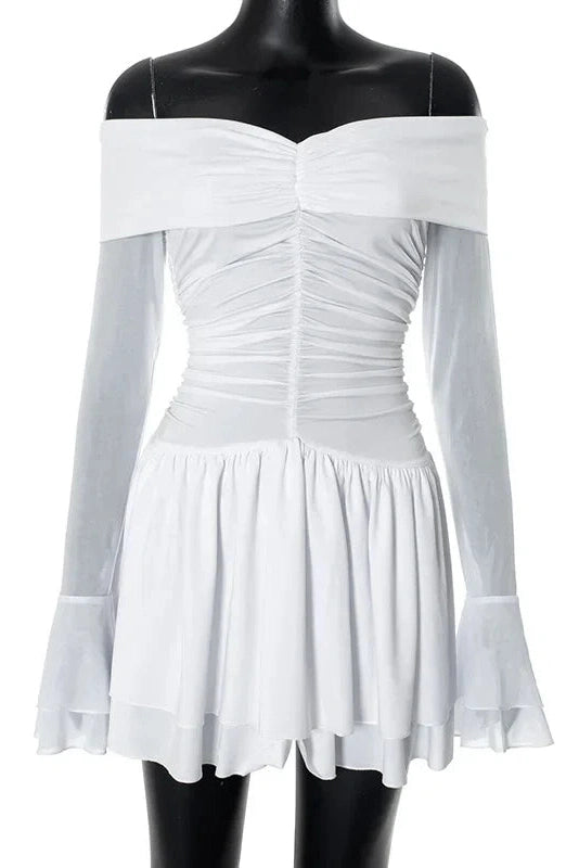 Off-Shoulder Long Sleeve Mini Dress with Pleated High Waist Slim Fit