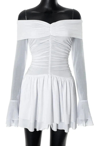 Off-Shoulder Long Sleeve Mini Dress with Pleated High Waist Slim Fit