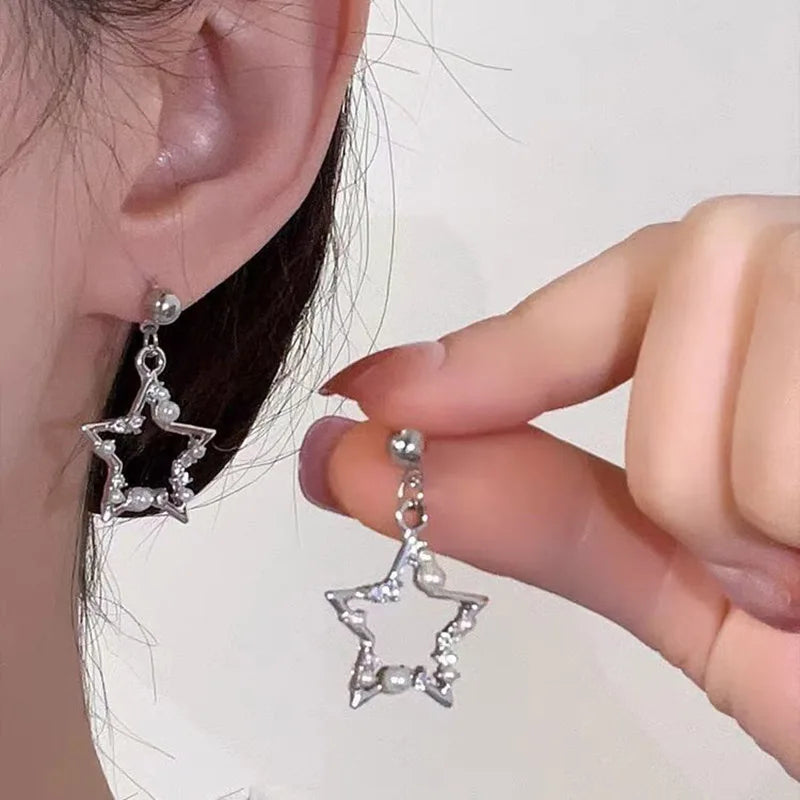 Korean Fashion Pearl Crystal Star Drop Earrings for Women Geometric Pendants Jewelry Gift