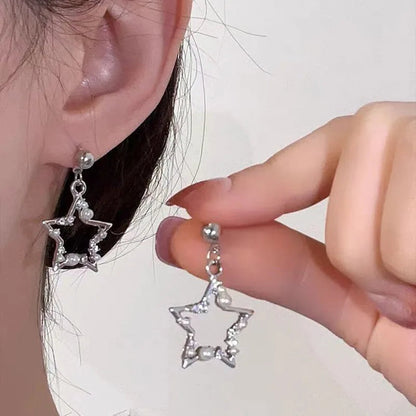 Korean Fashion Pearl Crystal Star Drop Earrings for Women Geometric Pendants Jewelry Gift