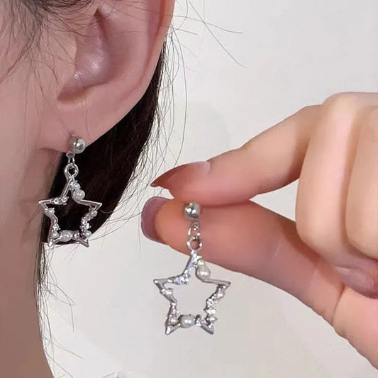 Korean Fashion Pearl Crystal Star Drop Earrings for Women Geometric Pendants Jewelry Gift