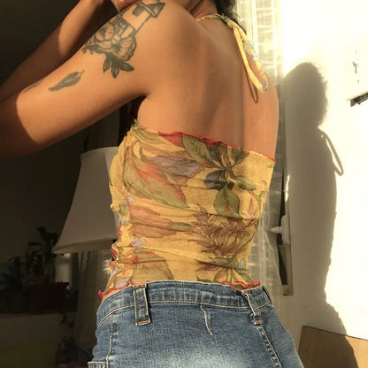 Camisola transparente de malla con estampado floral de los años 00, Hotsweet E-girl, top ajustado sin espalda, top corto sin mangas para mujer, chaleco Y2K, ropa de calle