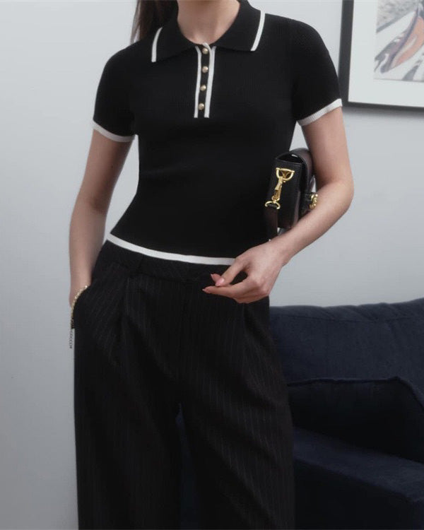 Contrast Trim Metal Button Knit Top