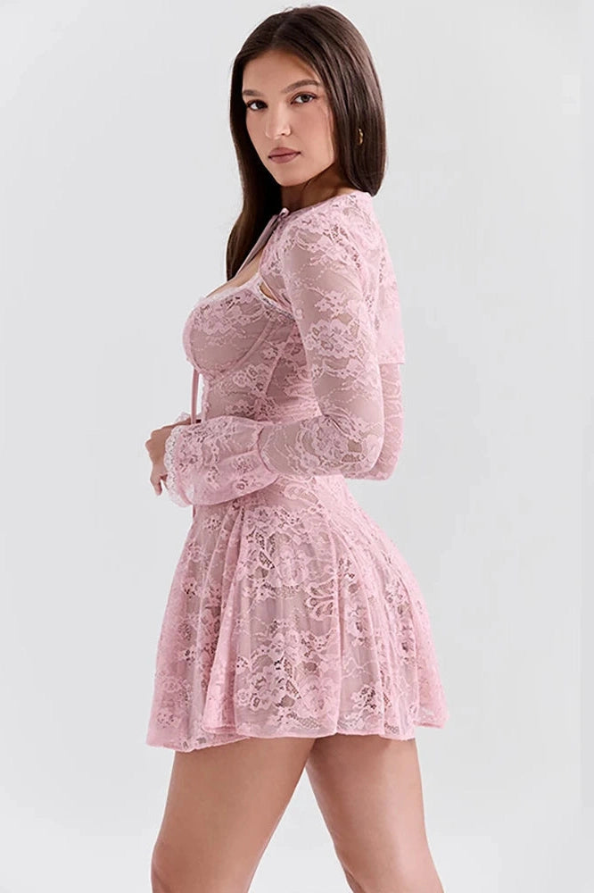 Printed Two-Piece Mini Dress with See-Through Flare Sleeves