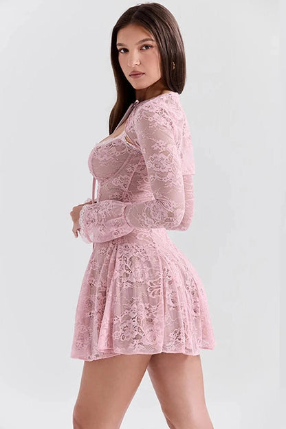 Printed Two-Piece Mini Dress with See-Through Flare Sleeves