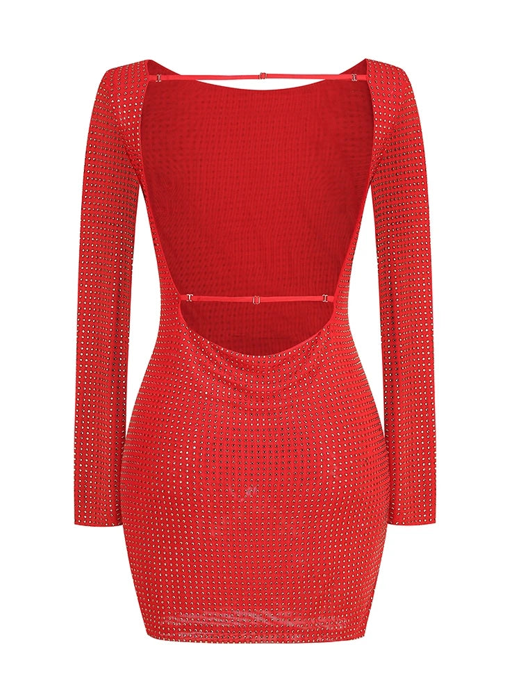 Althea Long Sleeve Mini Dress with Cowl Back Mesh and Rhinestones