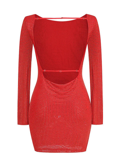 Althea Long Sleeve Mini Dress with Cowl Back Mesh and Rhinestones