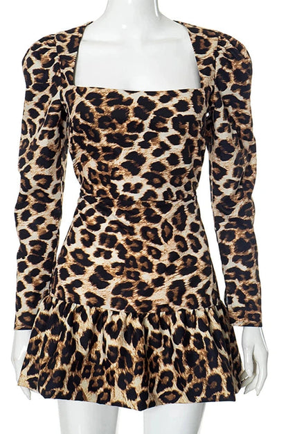 Printed Long Sleeve Mini Dress with Square Collar and High Waist