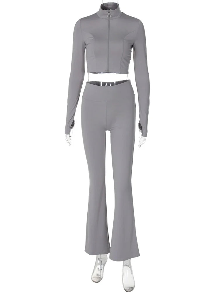 Conjunto informal de invierno de dos piezas con cárdigan de pierna recta y cremallera para mujer, y chándal ajustado de cintura alta con pantalones para mujer.