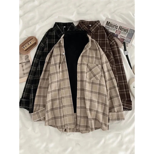 Vintage Oversized Plaid Shirts Women Streetwear Long Sleeve Blouses Harajuku Korean Pocket Loose Casual All Match Tops New