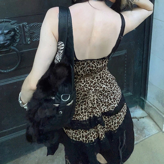 Camisola de encaje de leopardo con retazos estilo gótico Y2K, estilo urbano, con escote en V y lazo, estilo chaleco estético de moda para chicas