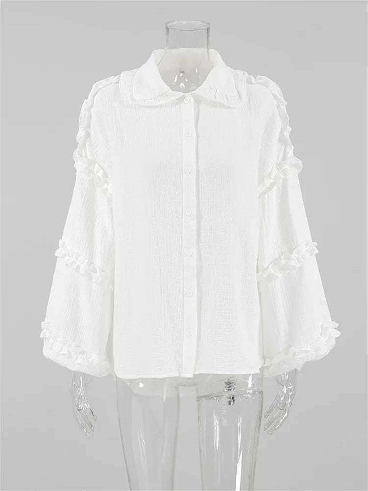 Camisas blancas holgadas con volantes para mujer, manga larga, elegantes, a la moda, otoño, lisas, informales, prendas de vestir exteriores, camisas para mujer, abrigos, novedad de verano