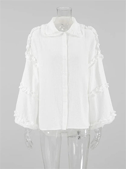 Camisas blancas holgadas con volantes para mujer, manga larga, elegantes, a la moda, otoño, lisas, informales, prendas de vestir exteriores, camisas para mujer, abrigos, novedad de verano