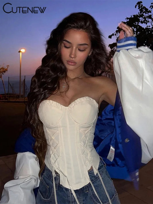 Camiseta sin mangas lisa para mujer, sexy, ajustada, con cordones, informal, fruncida, ropa de moda para chicas, ropa de calle femenina, nueva