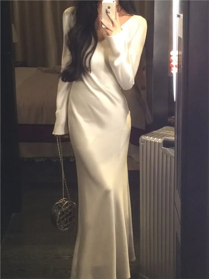 Vestidos largos de satén de otoño para mujer, vestido de fiesta de noche para boda, vestido de graduación, vestido de sirena de una pieza con cuello en V y mangas largas