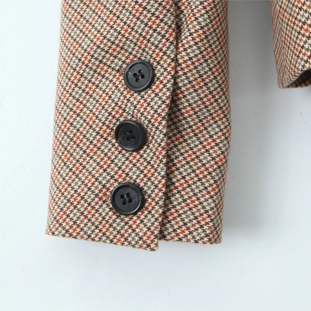 Conjunto de 2 piezas para mujer, blazer a cuadros de pata de gallo con cuello de piel sintética extraíble y cintura ajustada con varillas + minifalda de cintura alta tipo A.