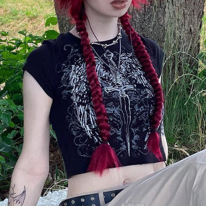 Camiseta con estampado Harajuku de los 90, top ajustado de manga corta, ropa urbana Y2K para mujer, top con ombligo expuesto