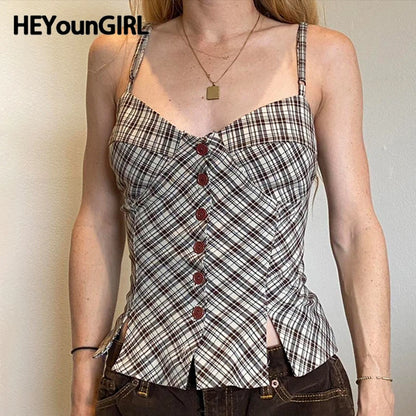 Chaleco a cuadros Y2K para mujer, estilo retro, con botones y abertura en el bajo, camisola estética chic, moda sin mangas, conjuntos de verano 2025