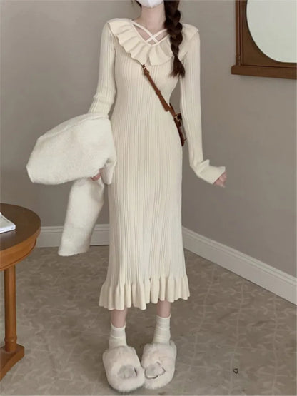 Vestidos de punto de otoño para mujer, con volantes, cuello en V, ajustados, informales, midi, moda coreana, nuevos tejidos