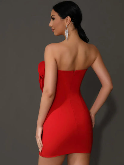 Orenda Strapless Dress with Red Flower Applique