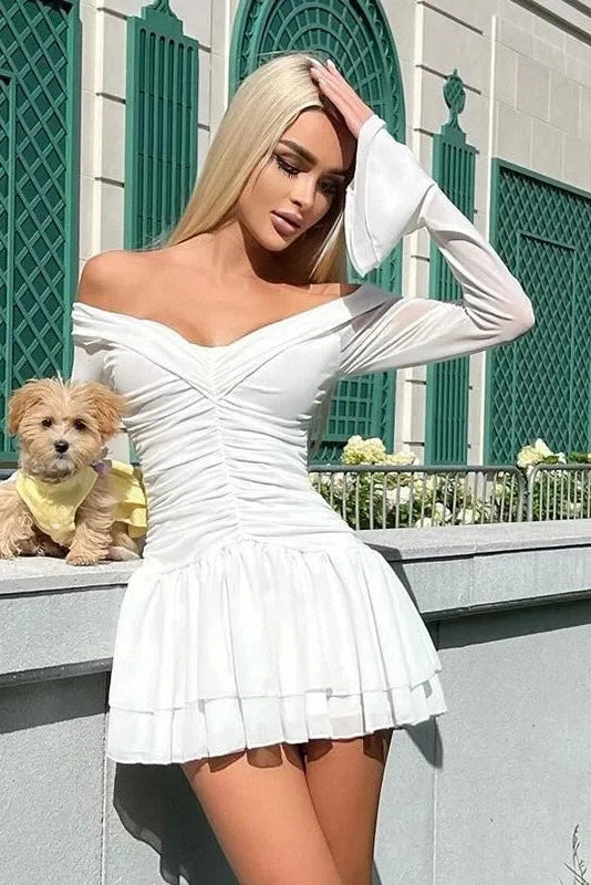 Off-Shoulder Long Sleeve Mini Dress with Pleated High Waist Slim Fit