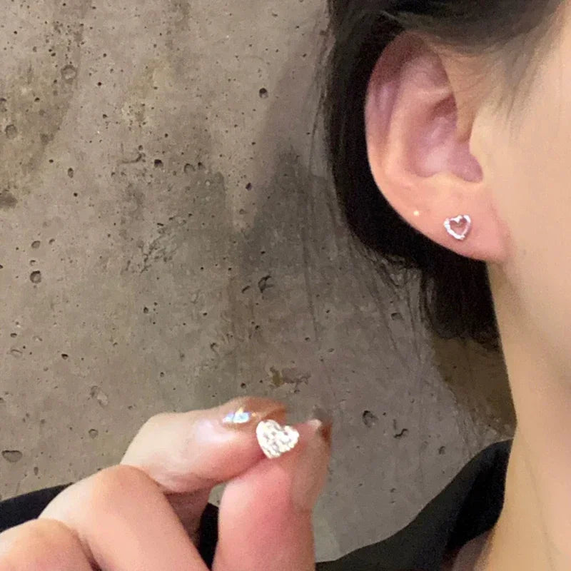 LIZAKOSHT Punk Heart Zircon Earrings Irregular Hollow Ear Studs Minimalist Love Jewelry for Girls