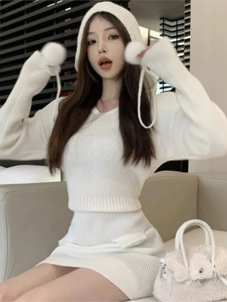 Vestidos de punto de otoño para mujer, sudaderas con capucha, cuello en V, manga larga, ajustados, vestido corto, informal, coreano, elegante, nuevo