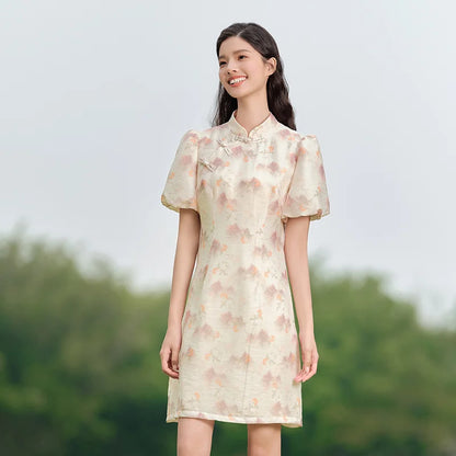 Vestido Cheongsam de verano con mangas abullonadas y estampado de pintura de tinta para mujer