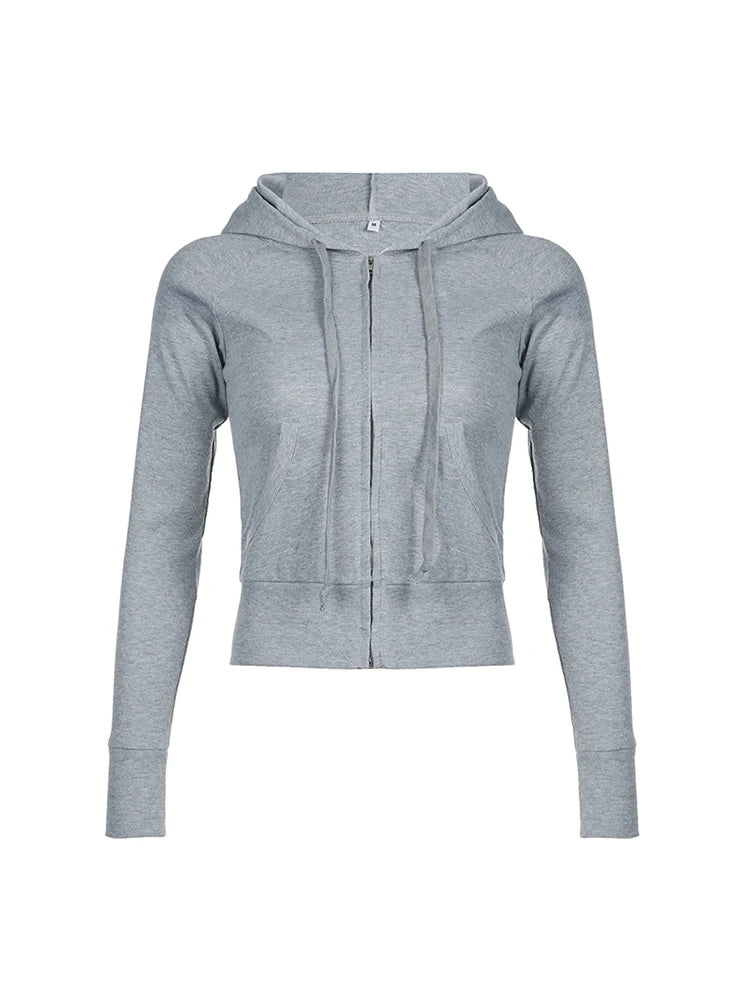 Gray Slim Zip Up Jackets Hoodies For Women Pockets Long Sleeve Ribbed Solid Simple Basic Casual Preppy Sweatshirts