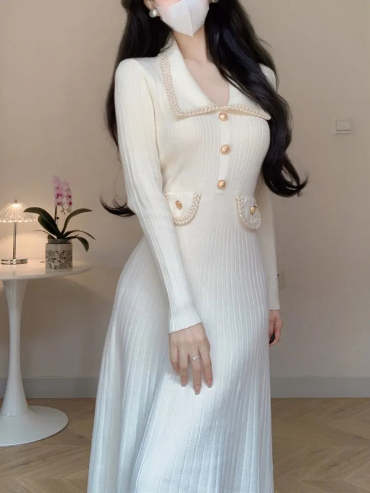 Vestidos de punto de otoño e invierno para mujer, cuello vuelto, moda coreana, corte en A, vestido liso informal, vestidos ajustados para mujer, nuevo