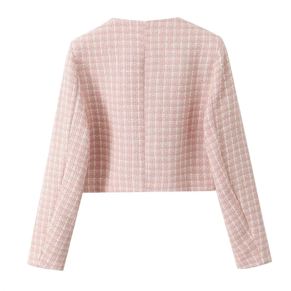 Conjunto de 2 piezas de blazer de tweed tejido a cuadros rosa retro estilo francés + minipantalones cortos de cintura alta.
