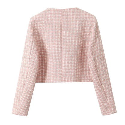 Conjunto de 2 piezas de blazer de tweed tejido a cuadros rosa retro estilo francés + minipantalones cortos de cintura alta.
