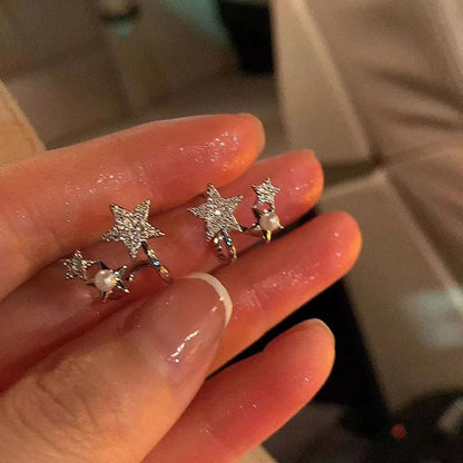 Lizakosht 2024 Geometric Pearl Star Earrings Korean Crystal Studs for Women Birthday Party Wedding Jewelry