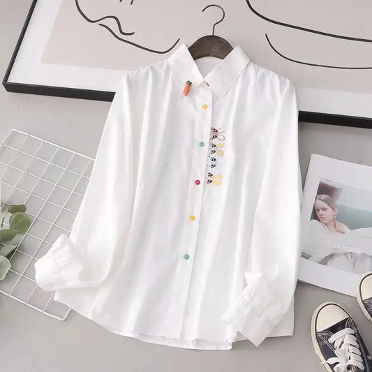Women Spring Autumn Style Blouses Shirts Lady Casual Long Sleeve Turn-down Collar Cartoon Embroidery Blusas Tops DF4996