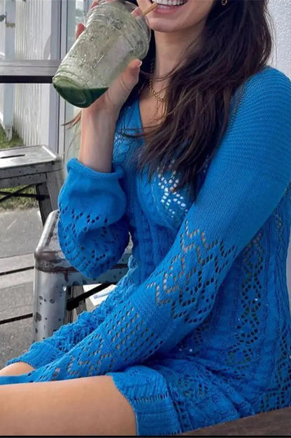 V-Neck Knit Mini Dress with Hollow Out Detail