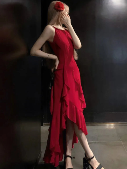 Vestidos irregulares rojos Y2K para mujer, sexys, con tirantes finos, sin mangas, con volantes, para fiesta de cumpleaños, de verano, ajustados, informales