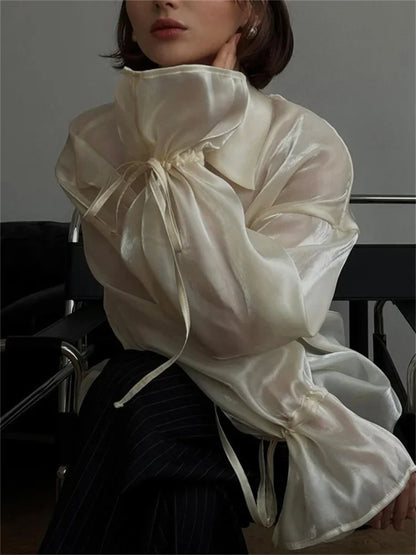 Blusa informal holgada transparente con solapa y manga larga con cordones para mujer, ropa de verano 2025, con parches lisos