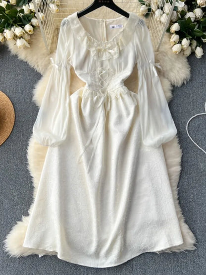 Vestido elegante de otoño para mujer, estilo princesa, para fiesta de boda, estilo coreano, jacquard, hada, vintage, con cordones y mangas acampanadas