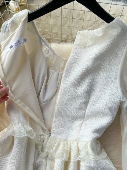 Vestido elegante de otoño para mujer, estilo princesa, para fiesta de boda, estilo coreano, jacquard, hada, vintage, con cordones y mangas acampanadas