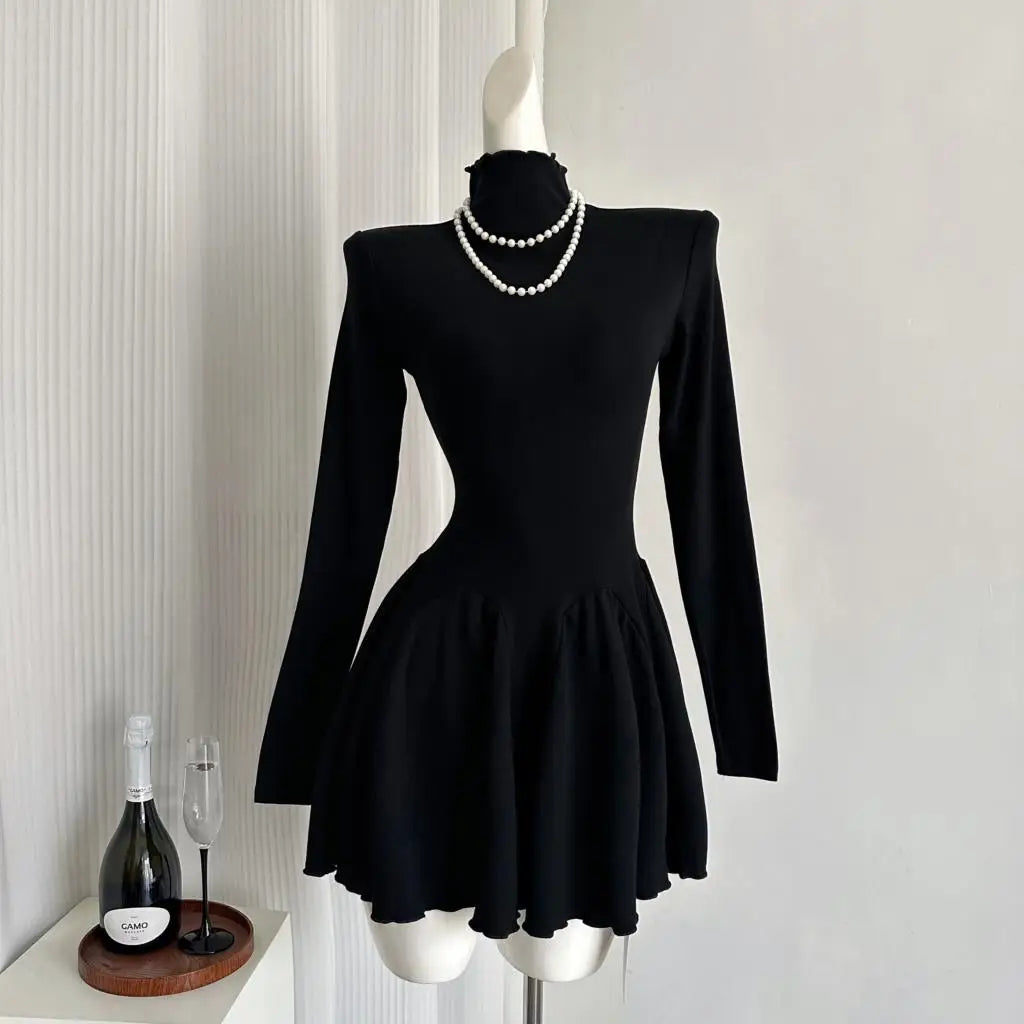 Otoño Nuevos Vestidos Mini Sólidos Para Mujer Cuello Alto Manga Larga Volantes Acampanados Casual Moda Coreana Ropa Femenina Vestidos Para Mujer