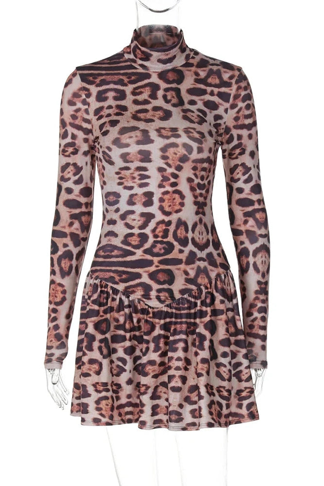 Elegant Printed Long Sleeve Mini Dress with High Waist