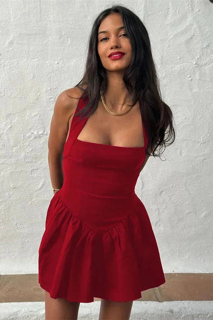 Pleated A-Line Mini Dress with High Waist Slim Fit