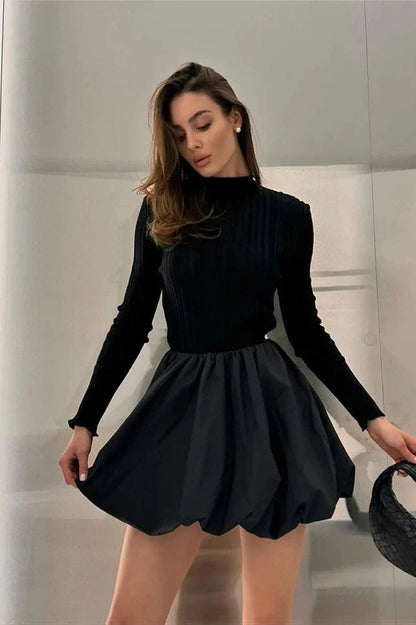 O-Neck Long Sleeved Mini Dress with High Waist