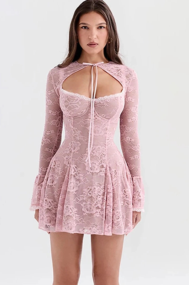 Printed Two-Piece Mini Dress with See-Through Flare Sleeves