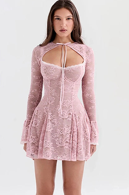 Printed Two-Piece Mini Dress with See-Through Flare Sleeves