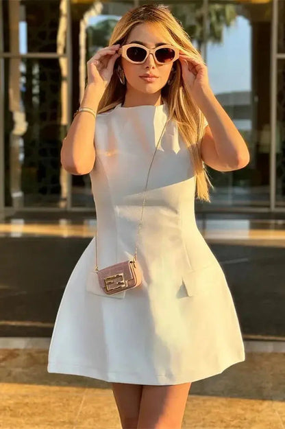 Sleeveless High Waist Patchwork Mini Dress with Pocket