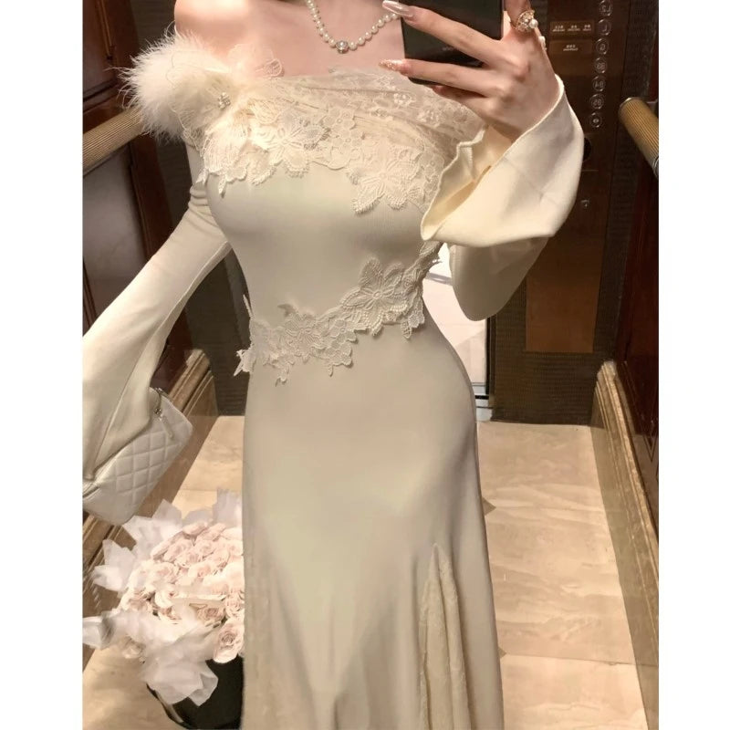 Vestidos de punto nuevos de otoño e invierno para mujer, cuello alto, manga acampanada, encaje de retazos, corte sirena, moda coreana, Vestidos para mujer