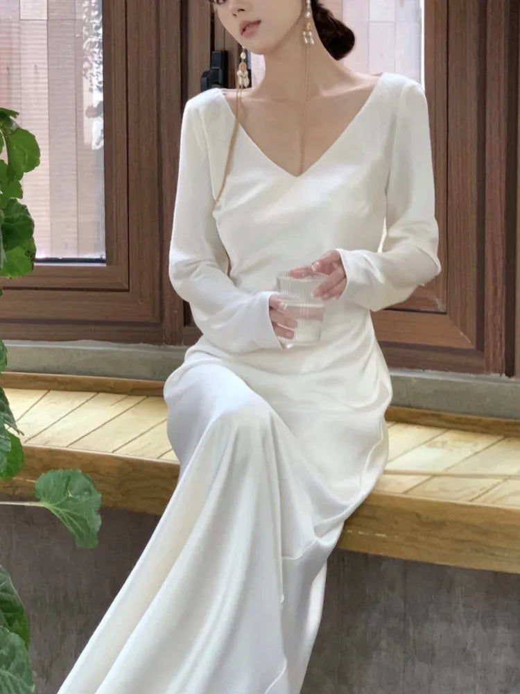 Vestidos largos de satén de otoño para mujer, vestido de fiesta de noche para boda, vestido de graduación, vestido de sirena de una pieza con cuello en V y mangas largas